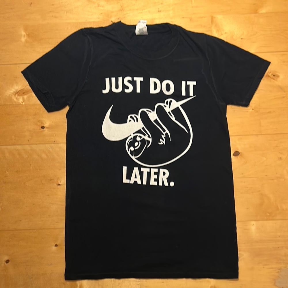 Women’s custom tee-shirt with Nike swoosh and sloth, “just do it later.”